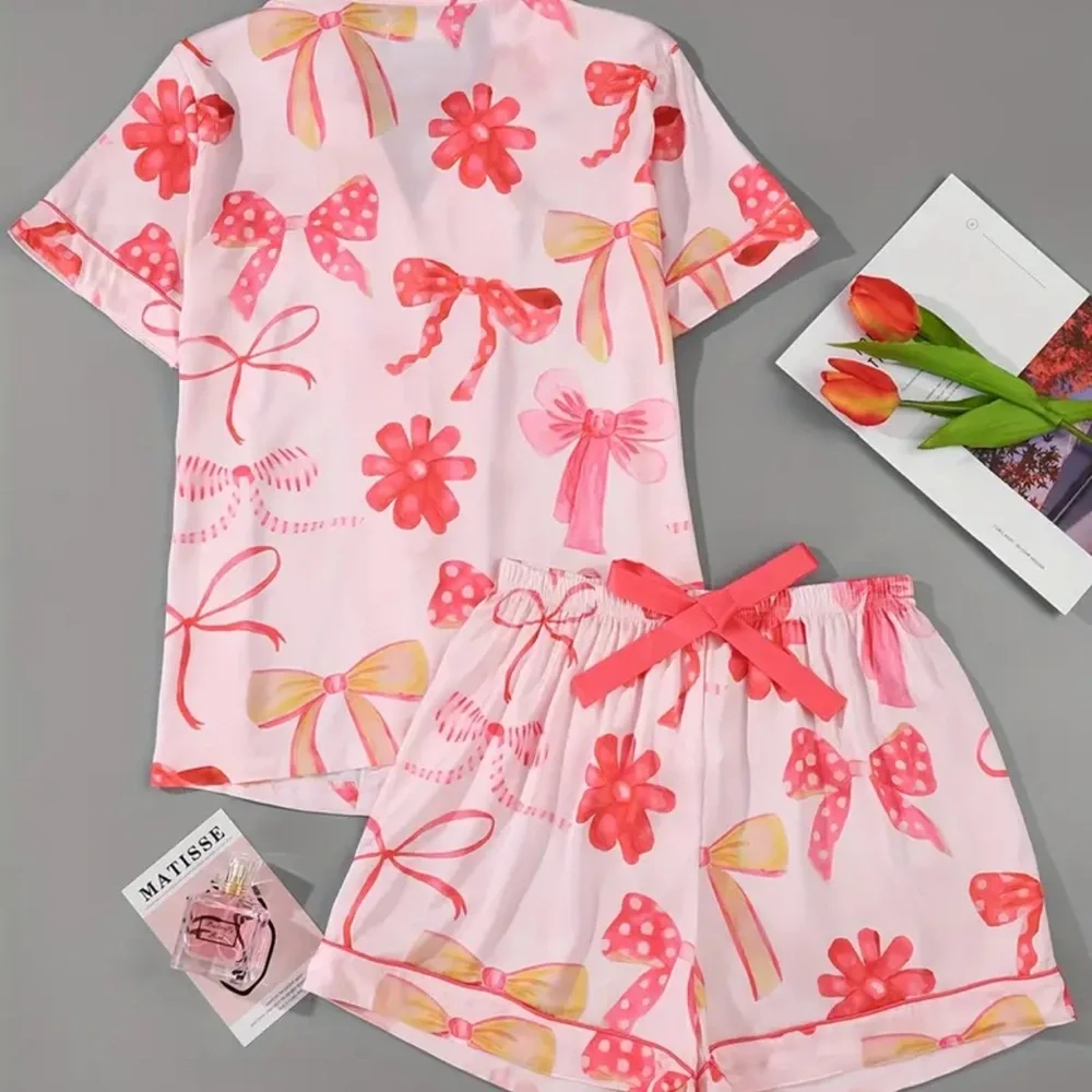 Pink Bow and Floral Print Women's Pajama Set Size XS Romantic Valentine’s Day